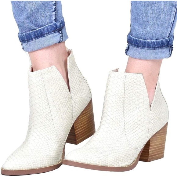 Kathemoi Womens Slip on Ankle Boots V Cutout Pointed Toe Chunky Mid Heel Booties - Picture 1 of 8